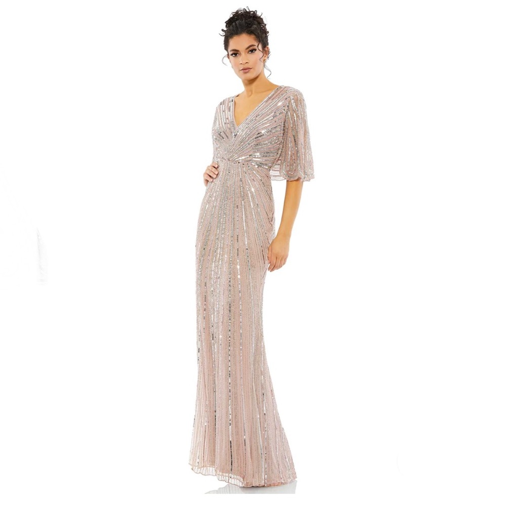MAC DUGGAL Sequined V Neck Cape Sleeve Column Gown NEW Size 12 Vintage Rose Pink